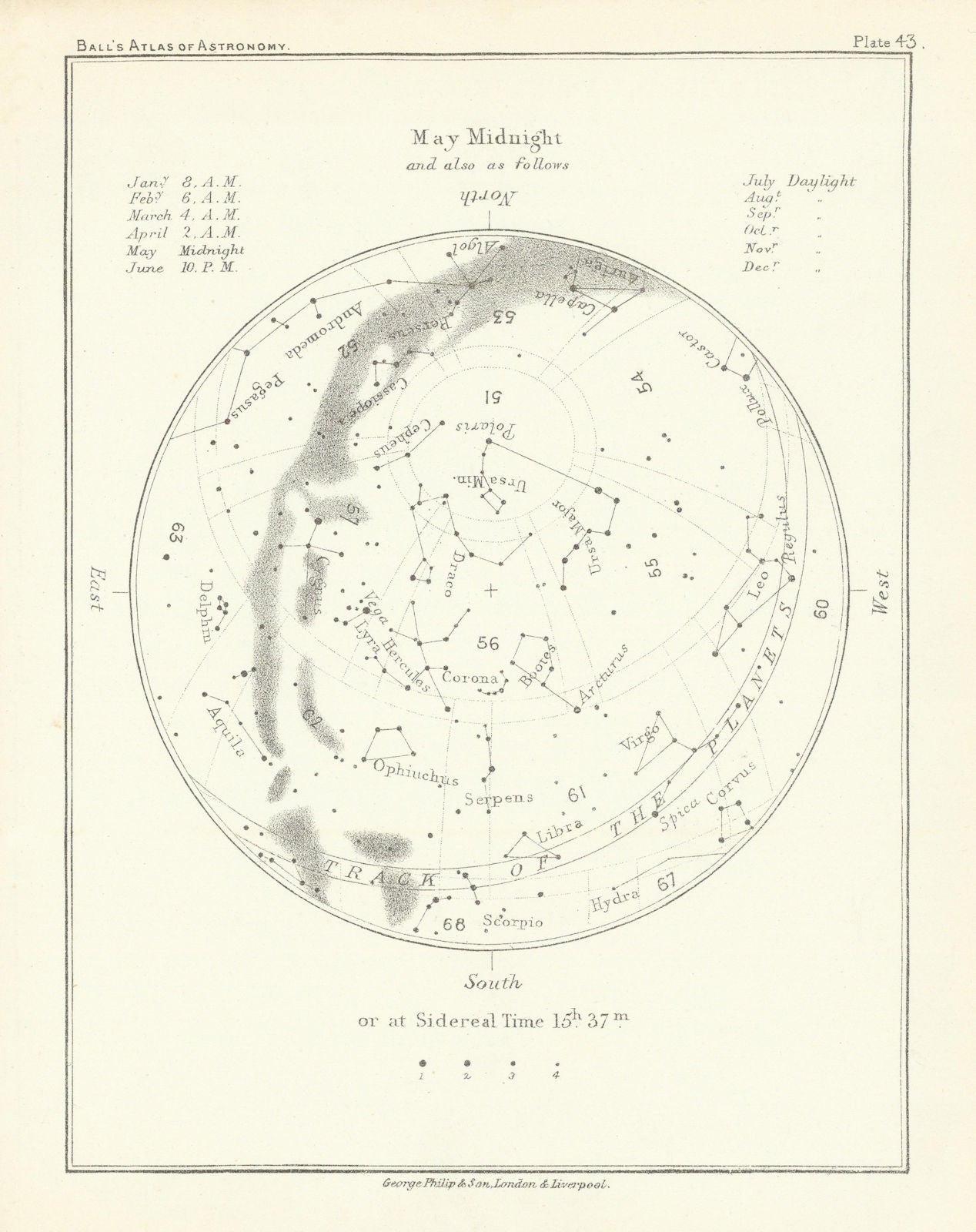 Night Sky Star Chart - May Midnight by Robert Ball. Astronomy 1892 old map